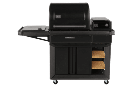 Black outdoor grill with storage shelves