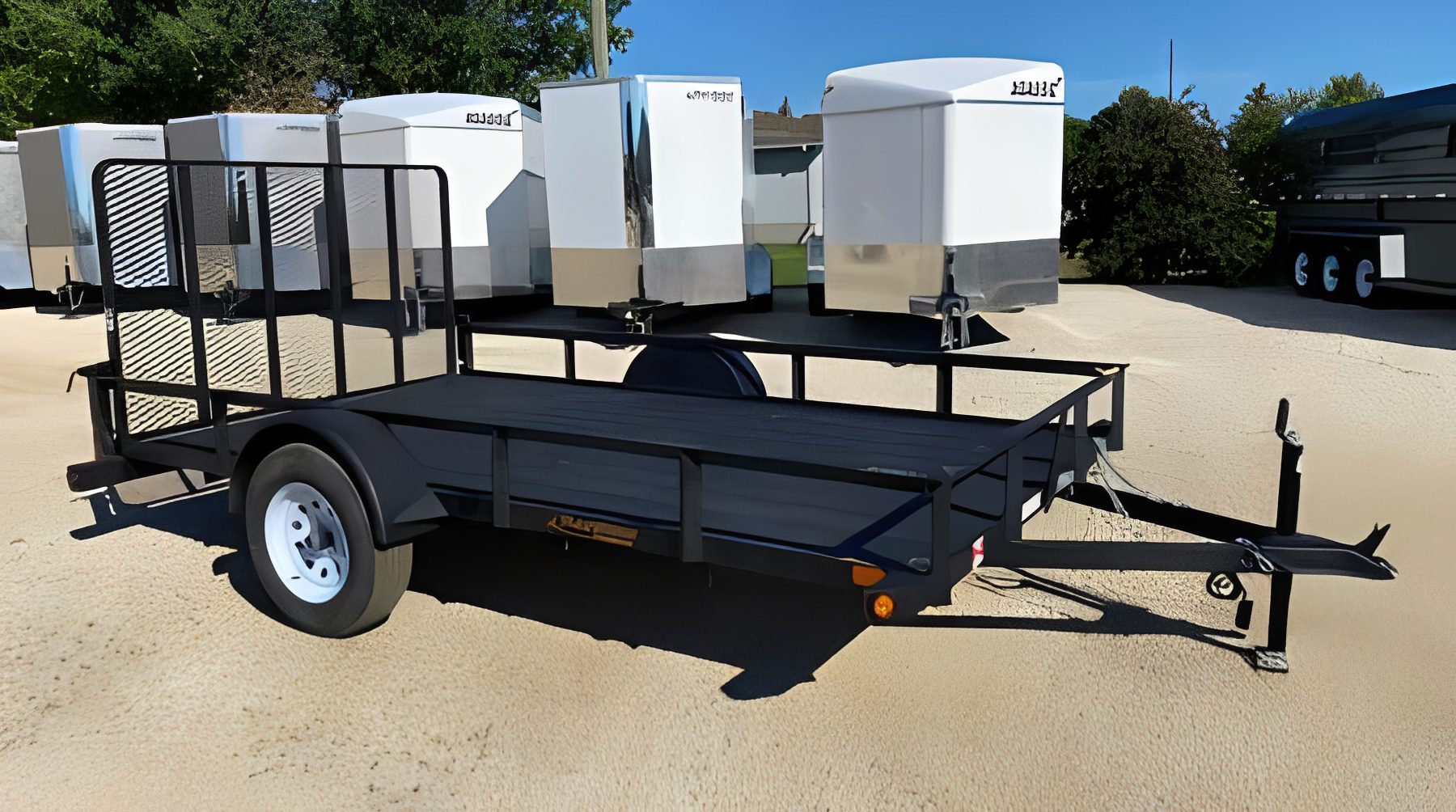 Single-axle trailer in sunny parking area