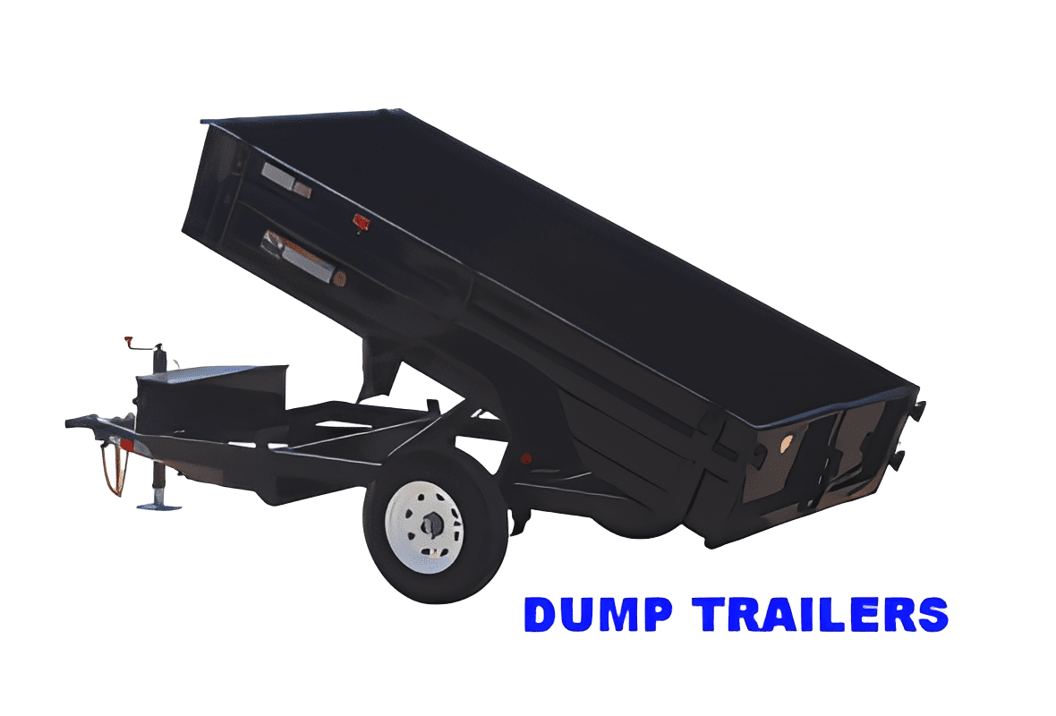Tilted dump trailer with text