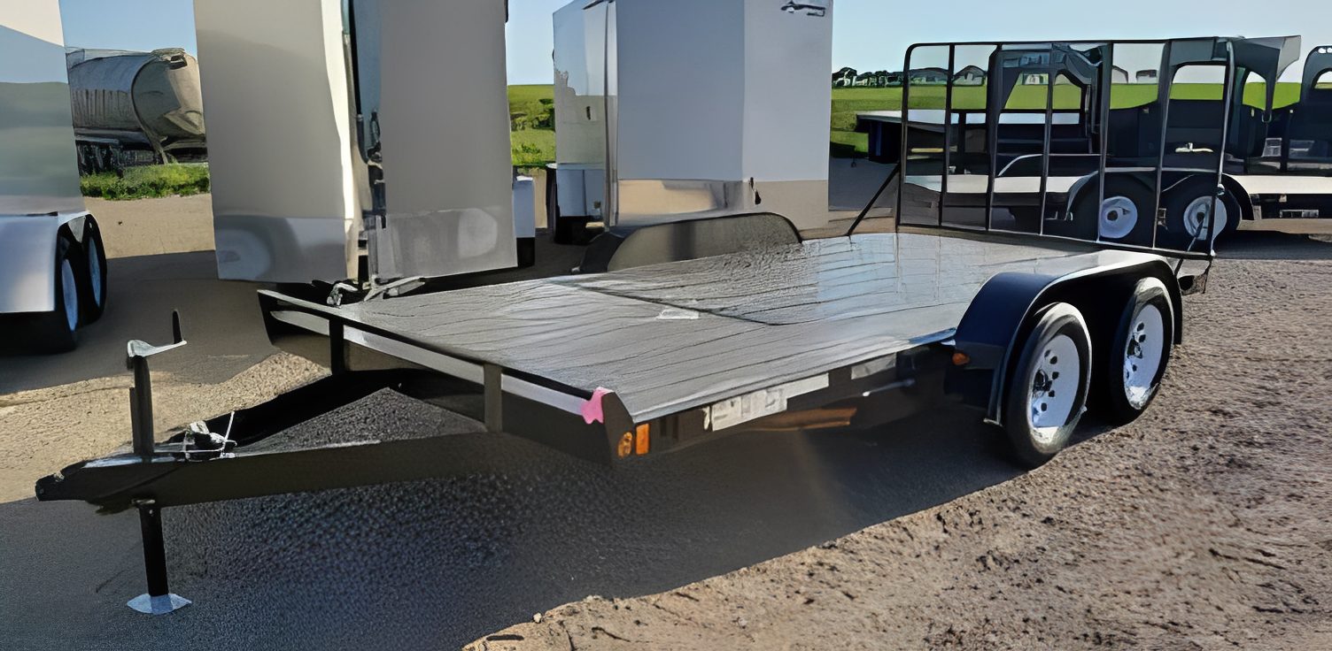 Flatbed utility trailer in parking area