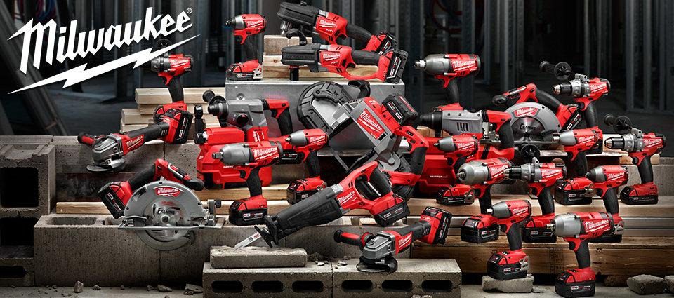 Assorted Milwaukee tools with red accents