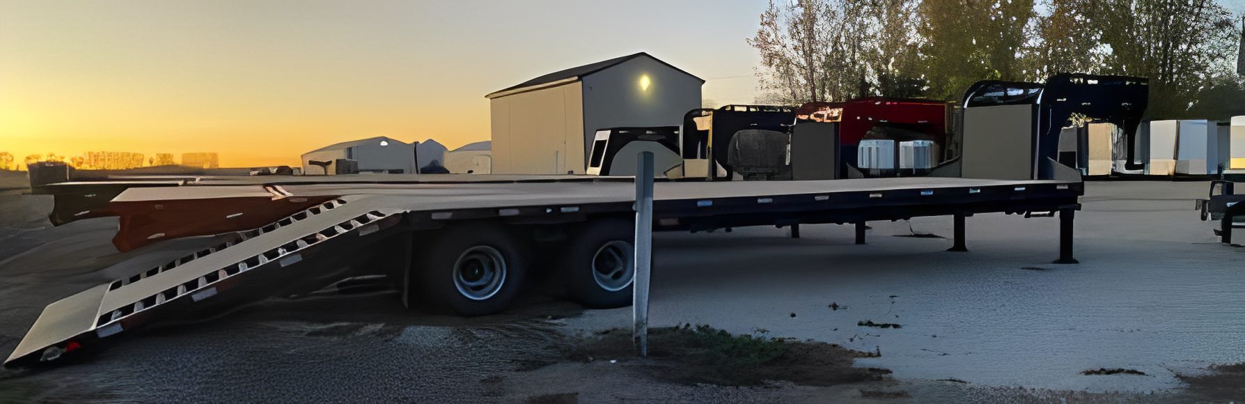 Sunset over parked flatbed trailers.