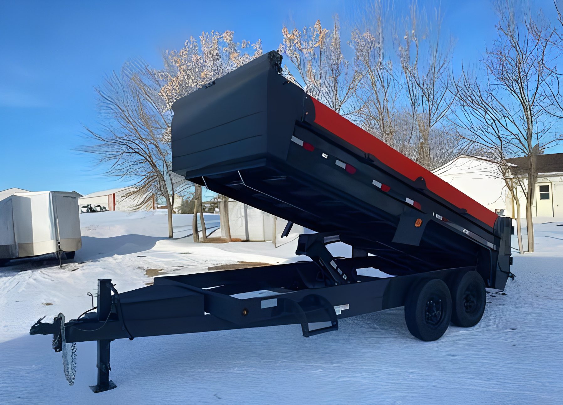 Tilted trailer in winter setting
