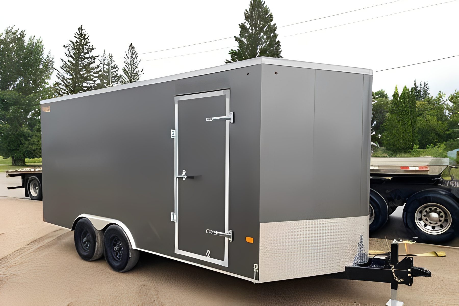 Side view of a gray trailer
