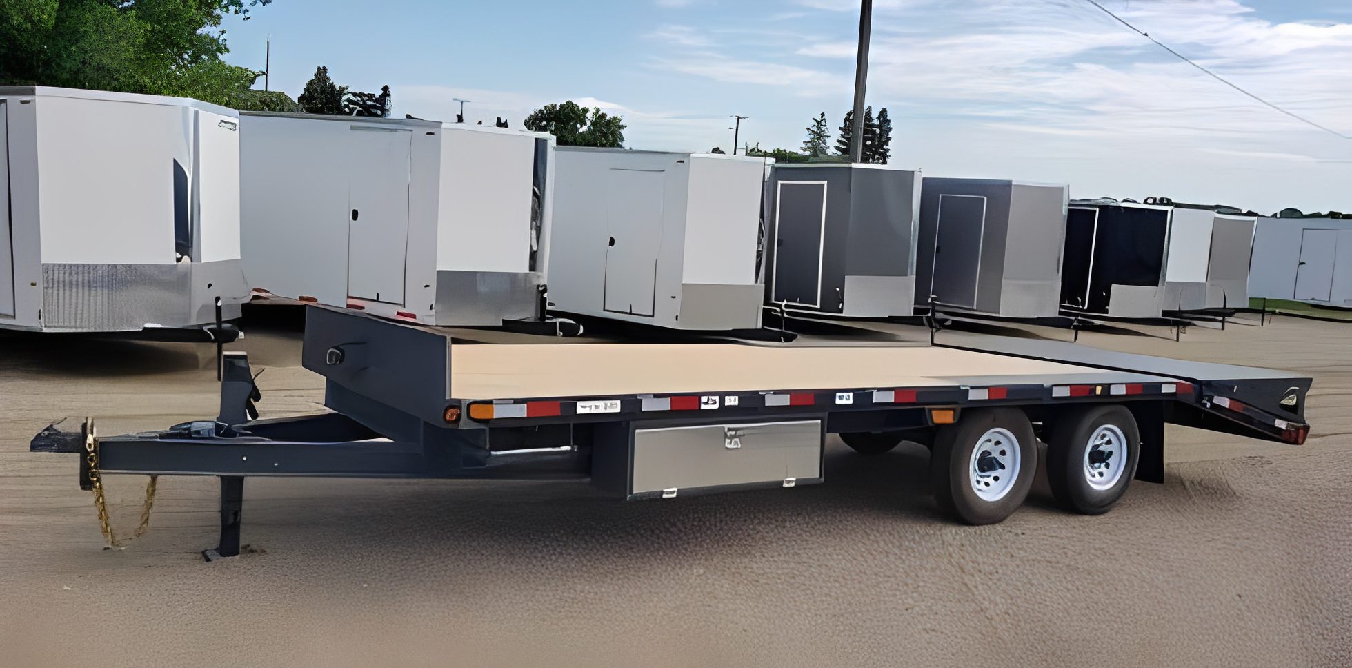 Industrial flatbed trailer in storage yard
