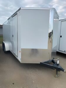 White enclosed cargo trailer with chrome accents.