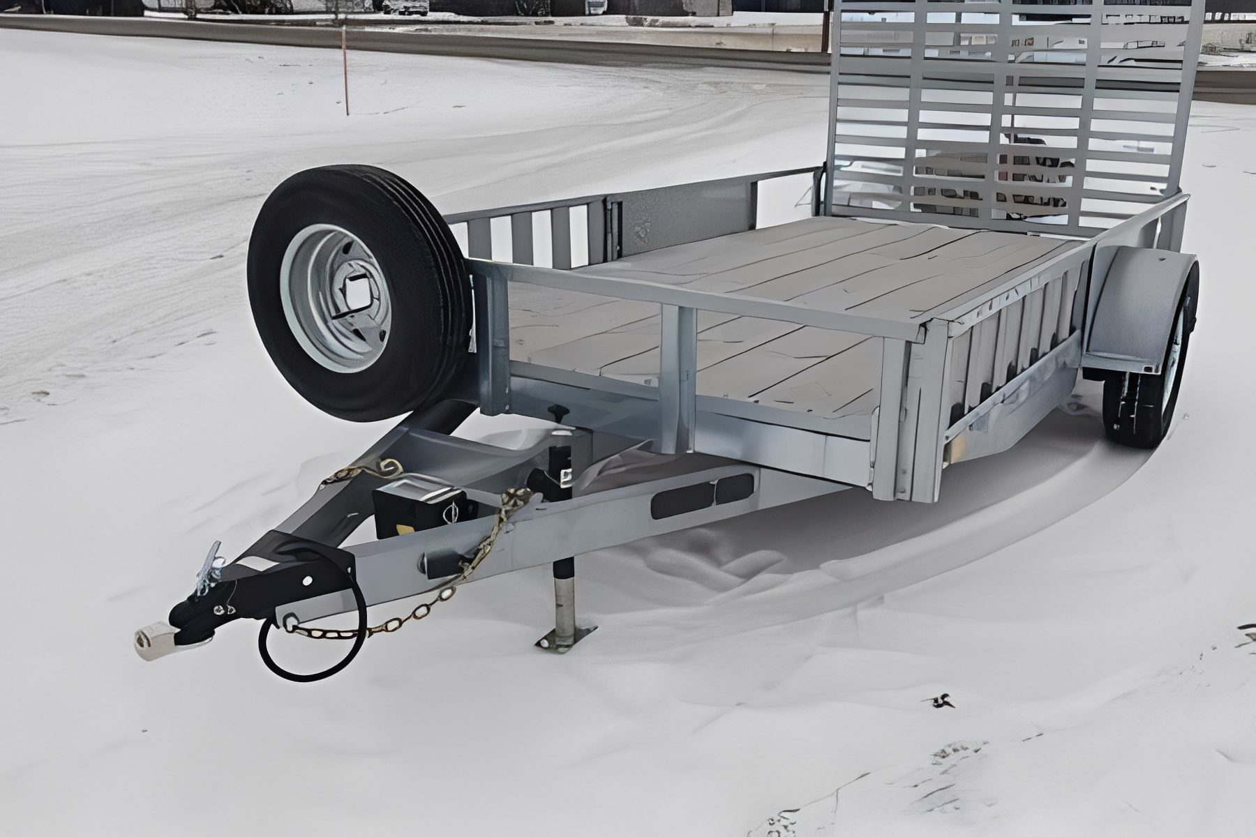 Metal trailer on snowy ground